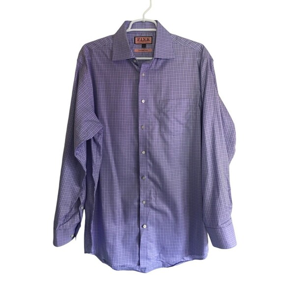 Thomas Pink Dress Shirt Men's Size 16 - 34.5 Blue Plaid Traveler Classic